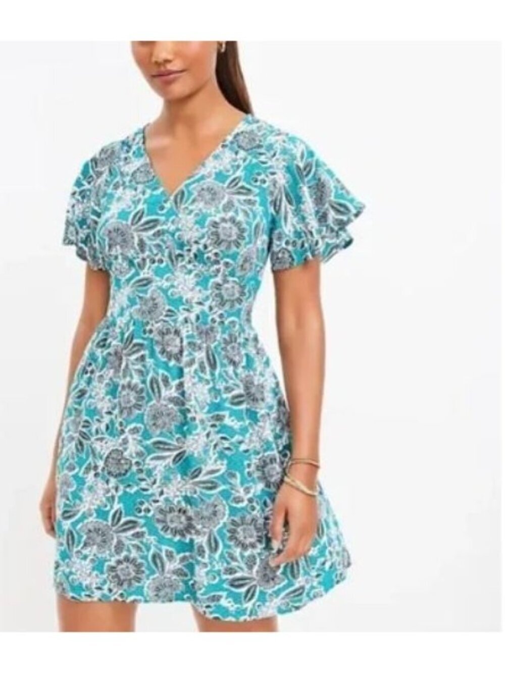 Loft Dress Womens 12 Neon Teal Floral Flutter Sleeve Smocked Back Cottagecore